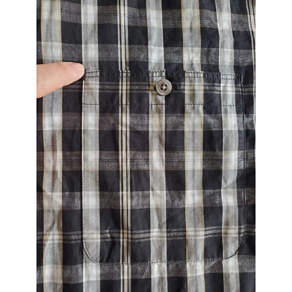 Perry Ellis Top Mens XXL Long Sleeve Button‎ Up Black Beige Plaid Cotton *READ*